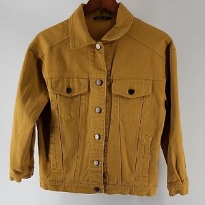 Mustard Oversized Jean Jacket Croped Sleeves Buton Up Pockets Small